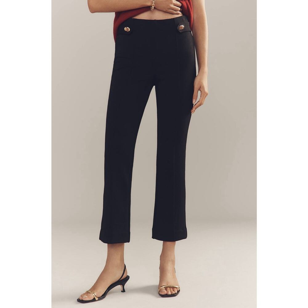 MAEVE-ANTHROPOLOGIE (L)Black-The Poppy Slim Kick-Flare Pants-Gold Button-Stretch